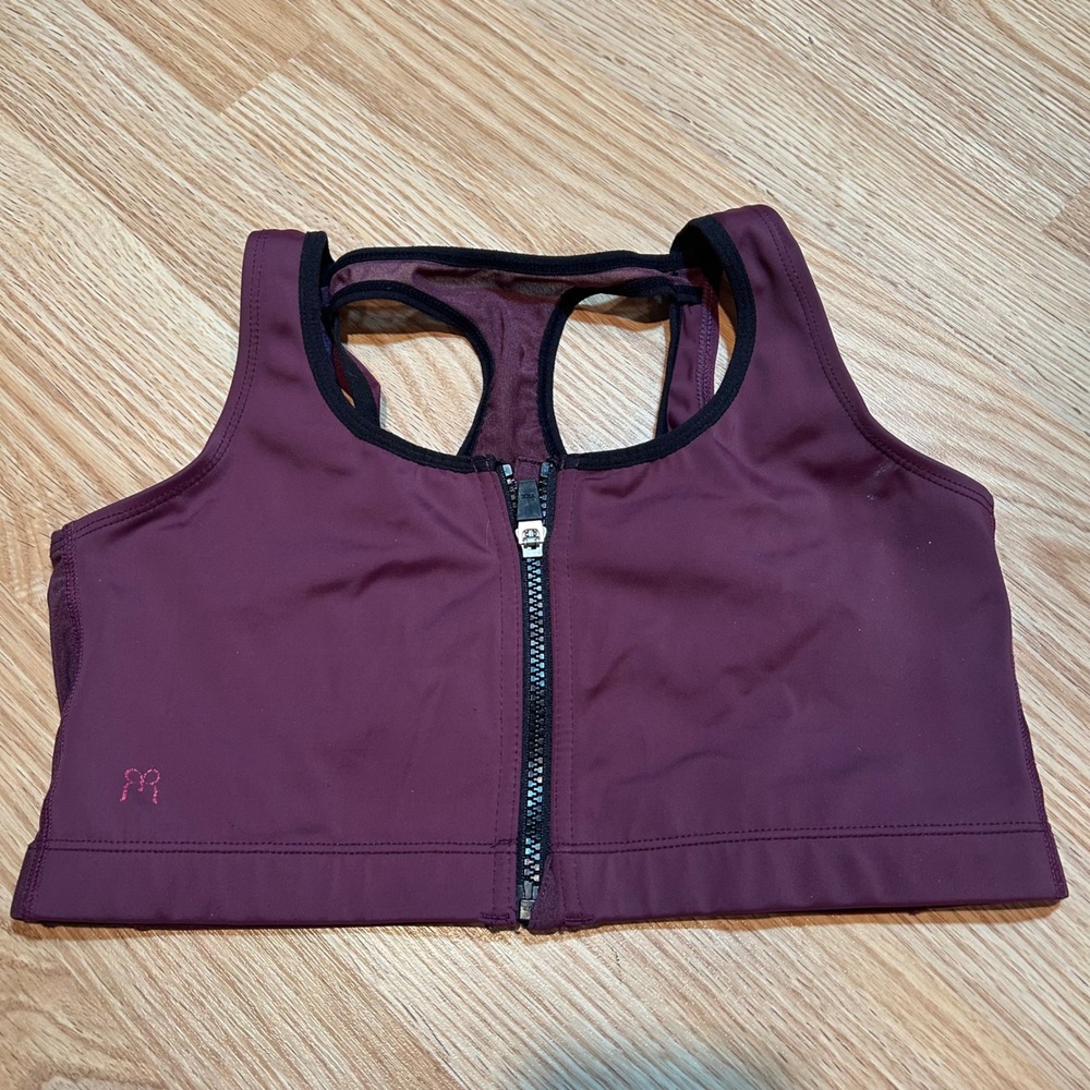 Ruby Ribbon Burgundy Zip‎ Front Racerback Sports Bra Mesh Trim Size 34